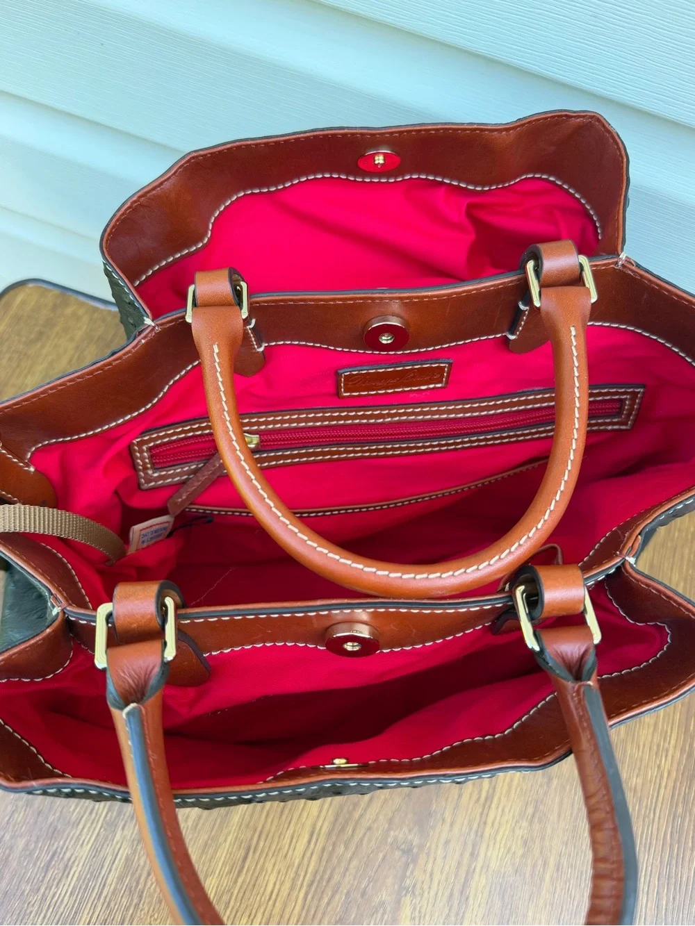 Dooney & Bourke Ostrich Embossed Leather Satchel Tote Black Brown M/L Bag